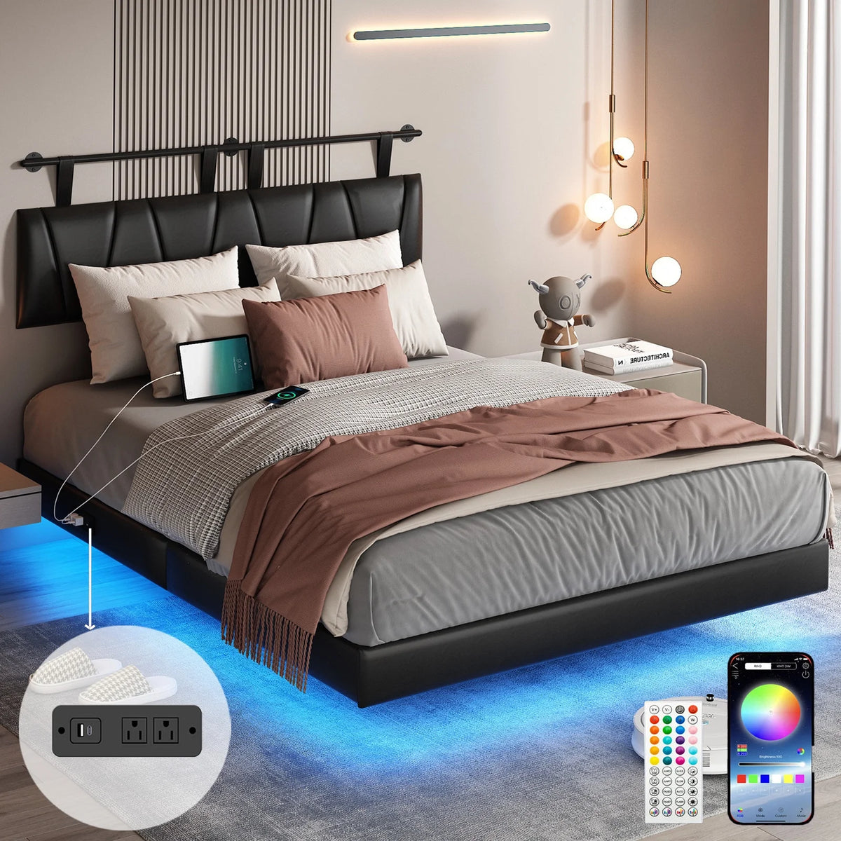King Size Floating Bed Frame with LED Light & Power Charging Station T154833