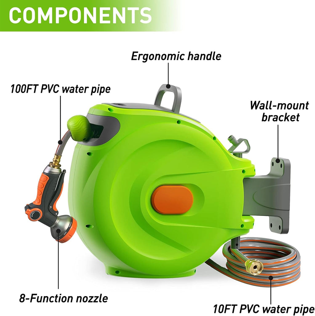 Retractable Garden Hose Reel, 1/2'' x 100+10 FT Wall Mounted with 8 Patterns Nozzles K897431