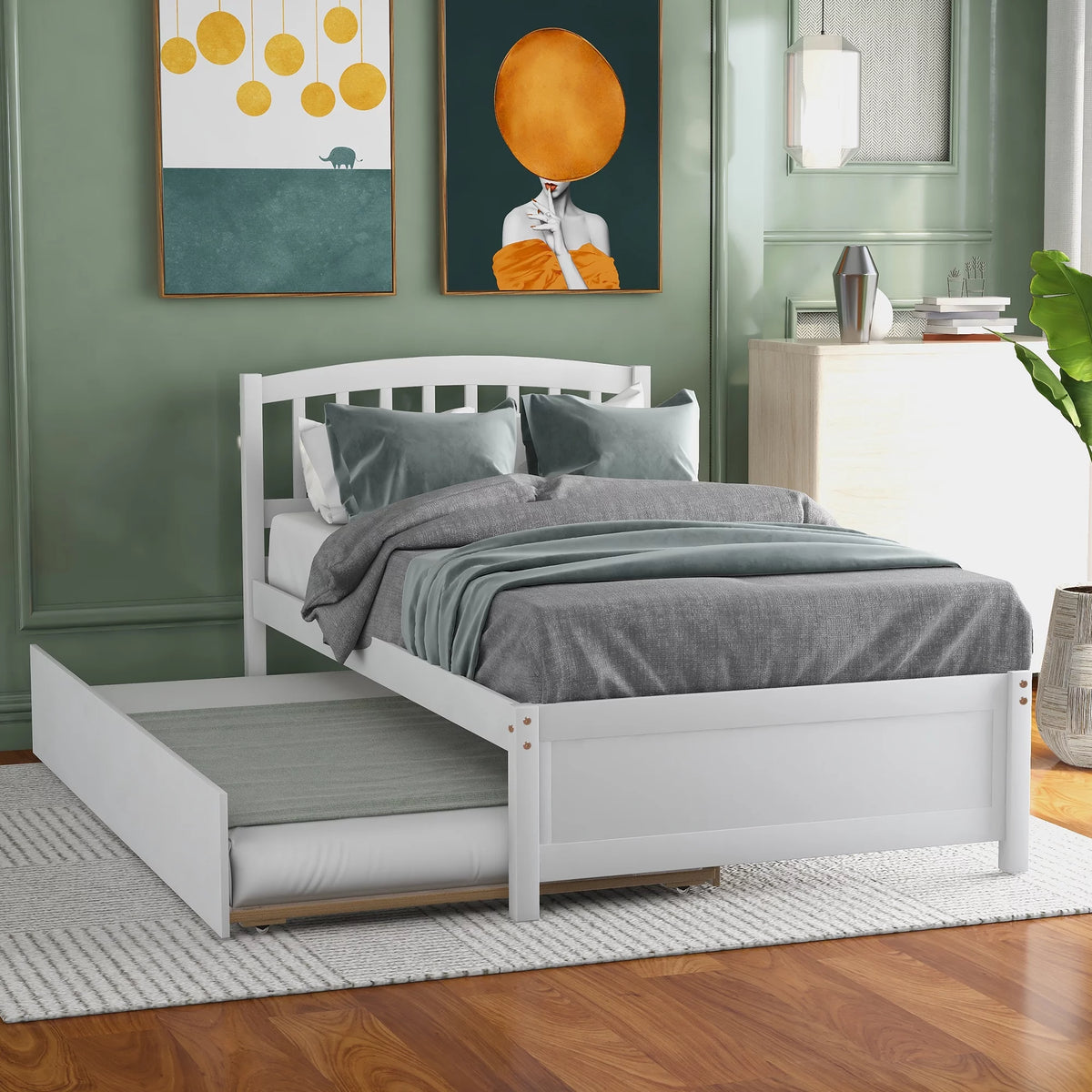 White Twin Platform Bed with Trundle and Headboard H920