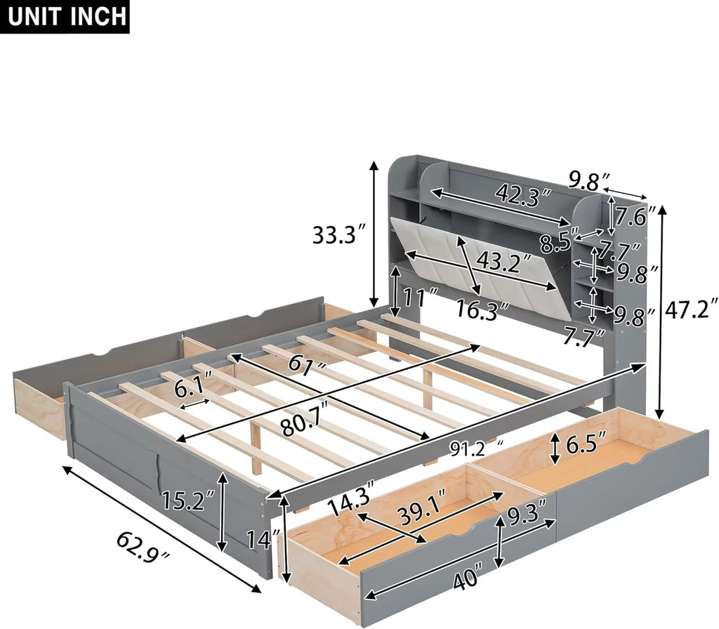 Queen Size Wood Platform Bed Frame with 4 Storage Drawers S4290