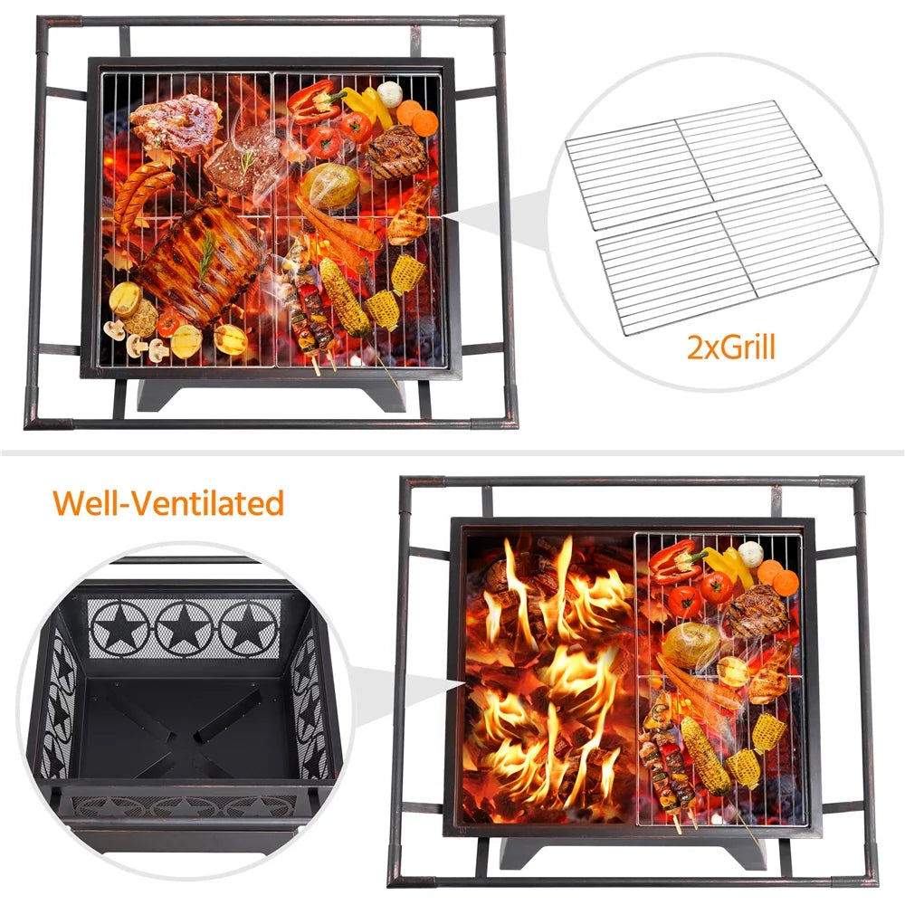 Iron Fire Pit with Mesh Cover Grills Poker N70618