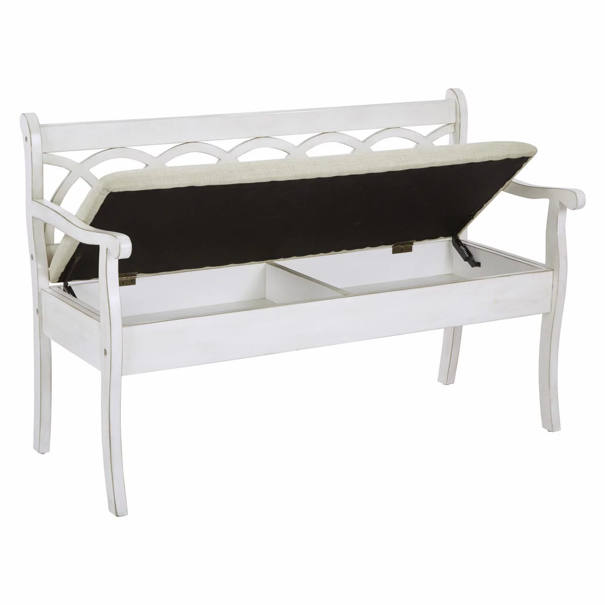 Antique Black Storage Bench with Beige Seat Cushion E3599