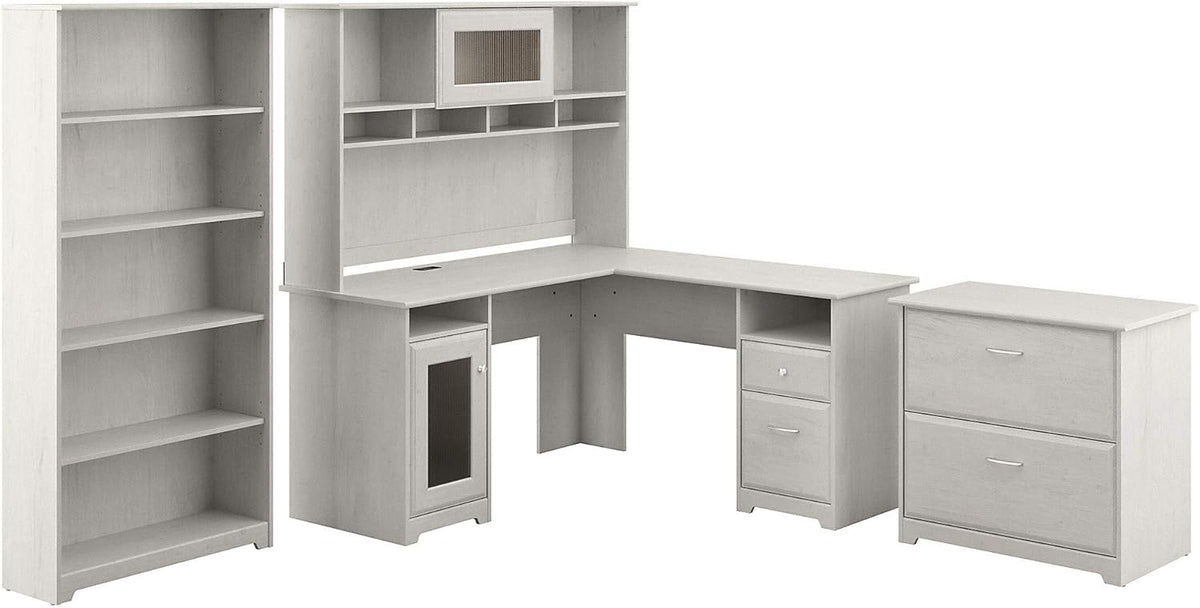 L Shaped Desk with Hutch, File Cabinet and 5 Shelf Bookcase P460468