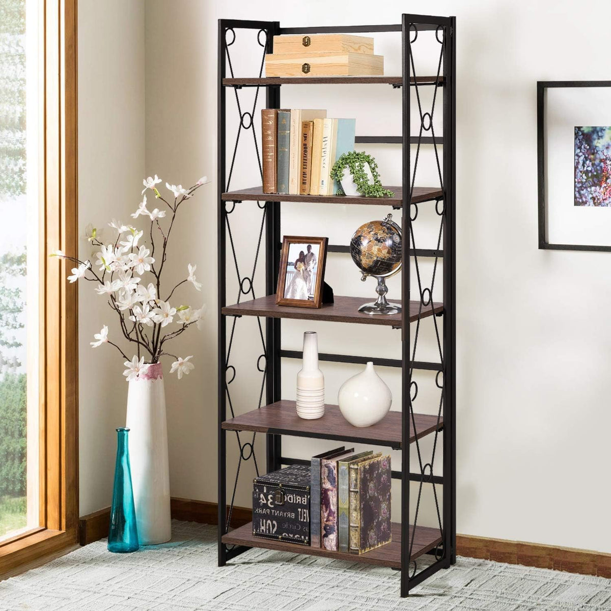5 Shelf Folding Bookshelf with Metal Frame R107529