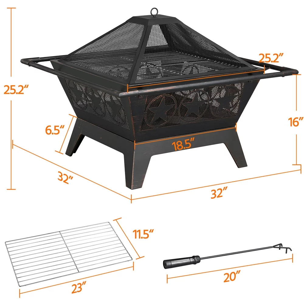 Iron Fire Pit with Mesh Cover Grills Poker N70618