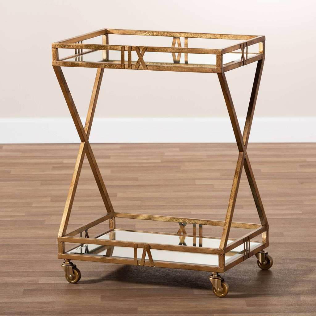 Antique Gold Finished 2-Tier Mobile Bar Cart M3009