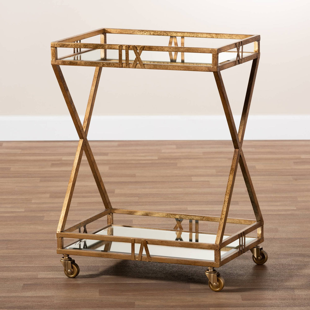 Antique Gold Finished 2-Tier Mobile Bar Cart M3009