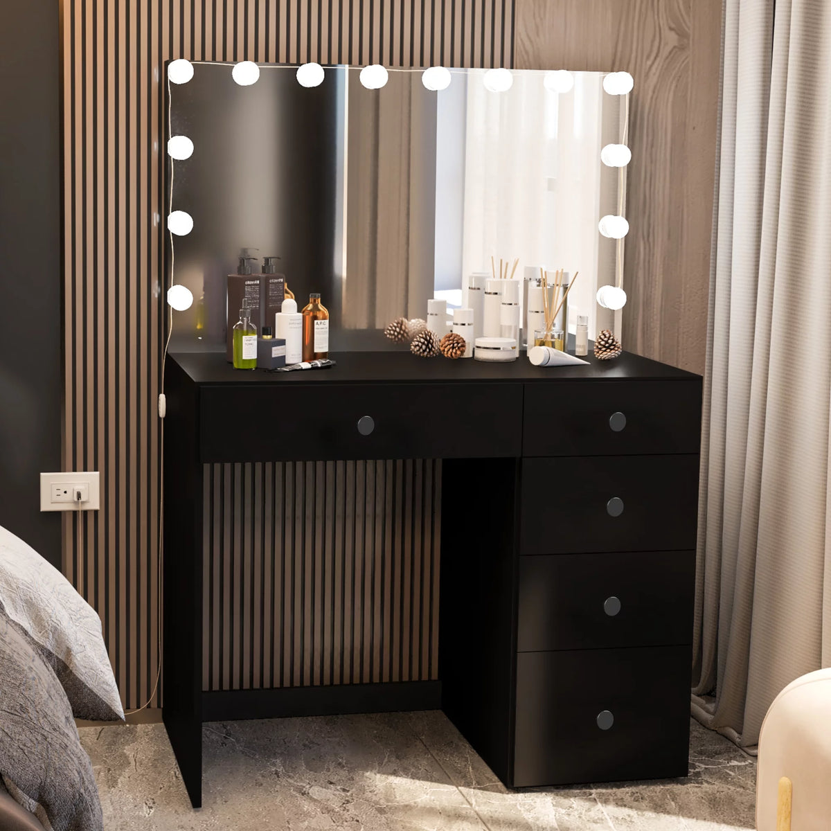 Black Makeup Vanity Table with 5 Drawers Y383