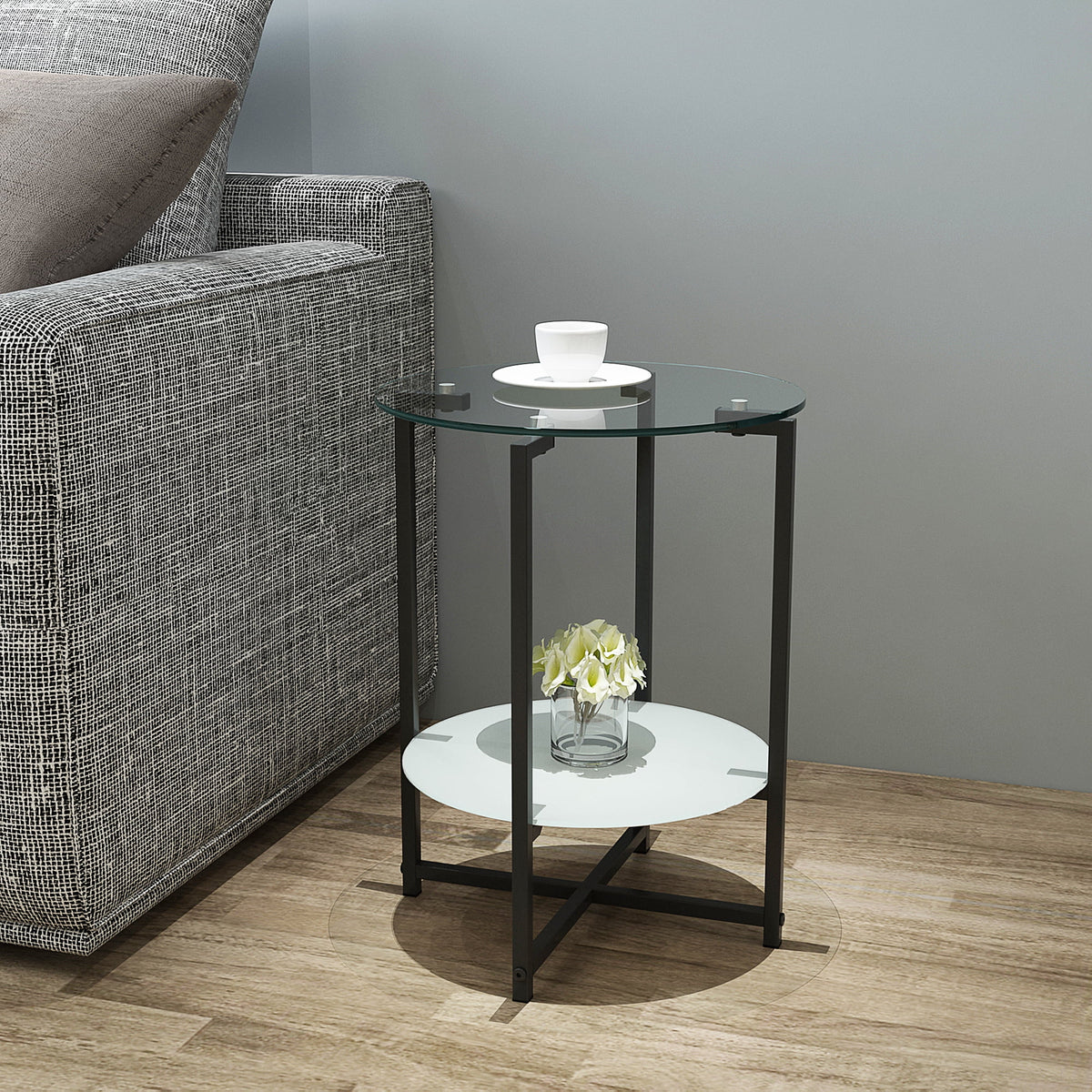 2-Layer Tempered Glass Round End Table C366358