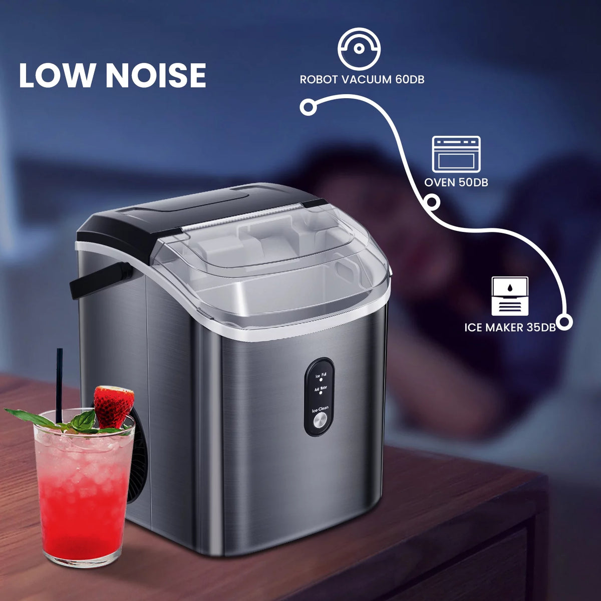 Portable Nugget Ice Maker Countertop Self-Cleaning Stainless Steel Black E15053