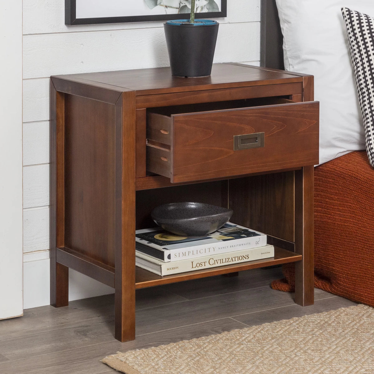 Walnut One Drawer Open Storage End Table P8862
