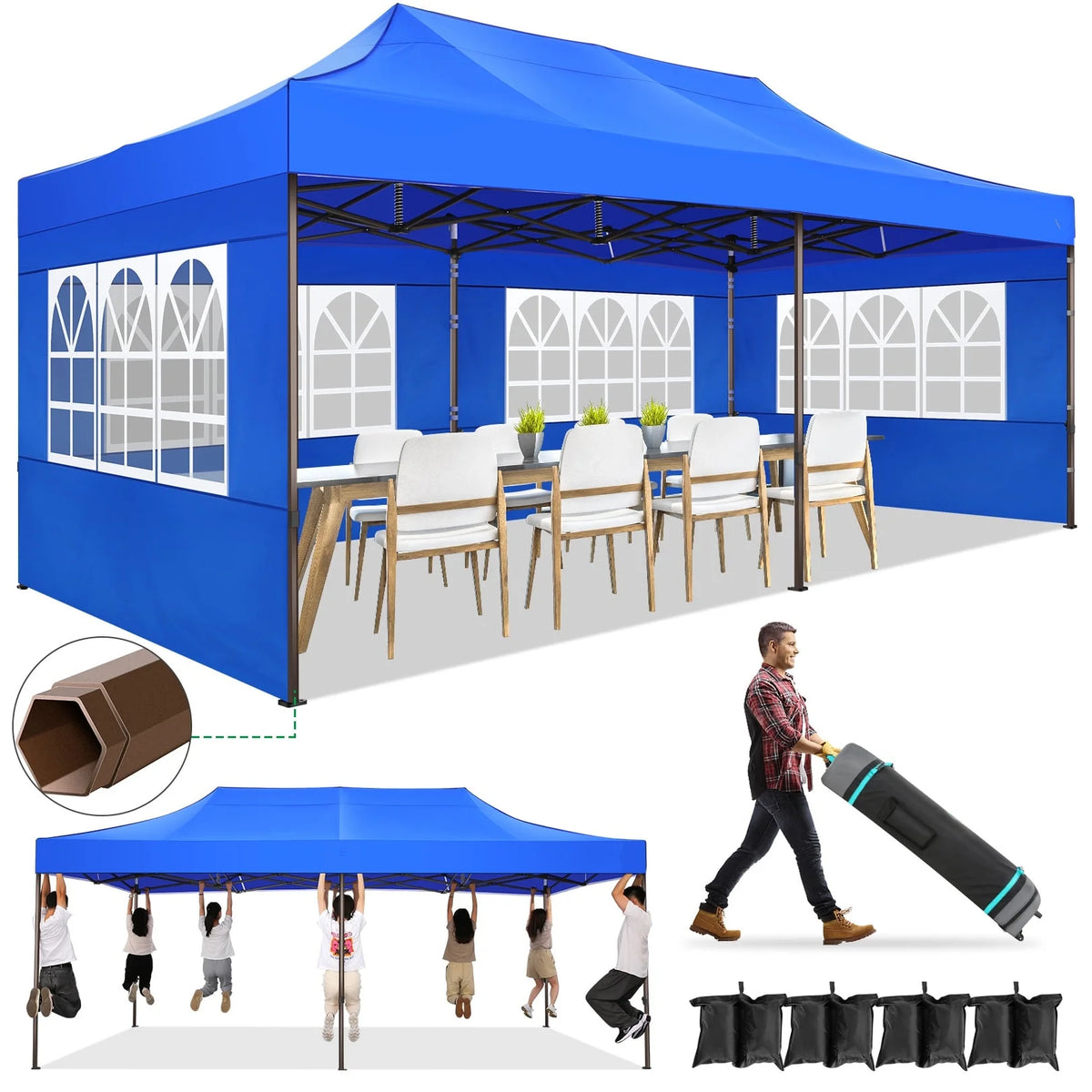10x20 Pop up Canopy Tent with 6 Removable Sidewalls Blue T60410