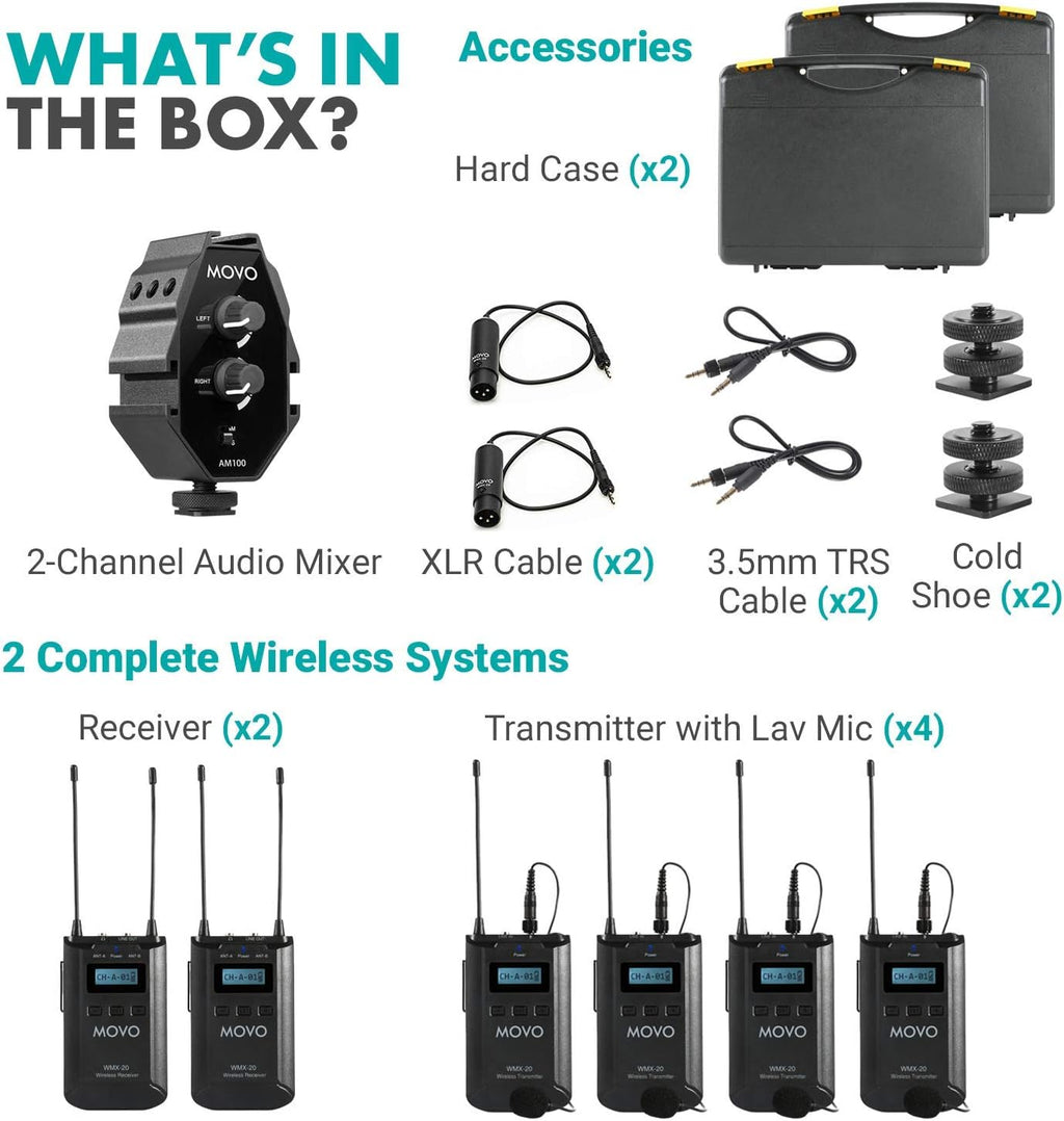 48-Channel UHF Wireless Lavalier Microphone System with 2-Ch Mixer, 2 Receivers, 4 Transmitters, and 4 Lapel Microphones Z20496