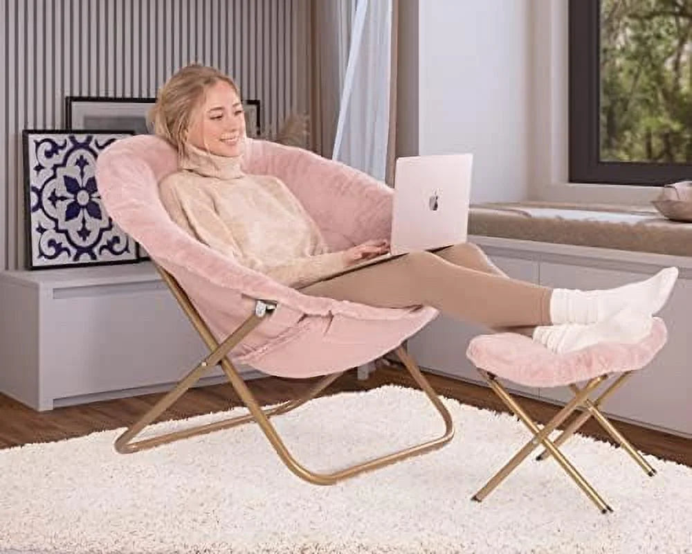 Pink Faux Fur Saucer Chair with Ottoman Y555