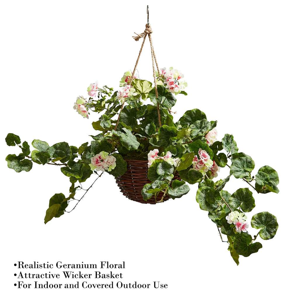 Light Pink Geranium Hanging Faux Flowers with Basket T155