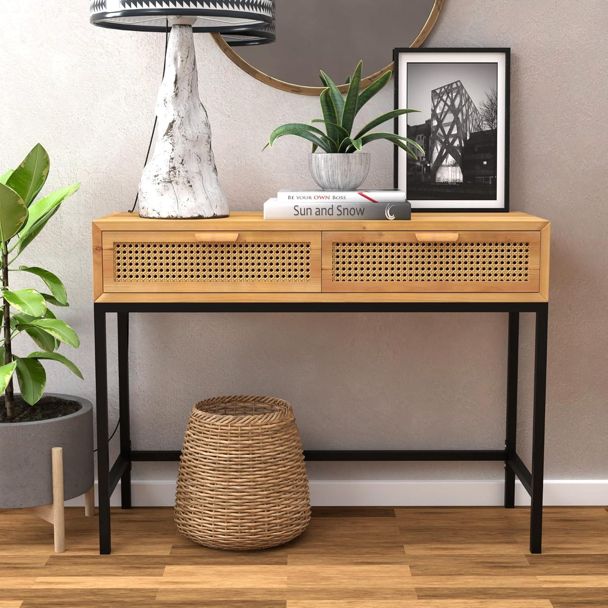 Rustic Console Table with 2 Drawers Natural Finish Y516449