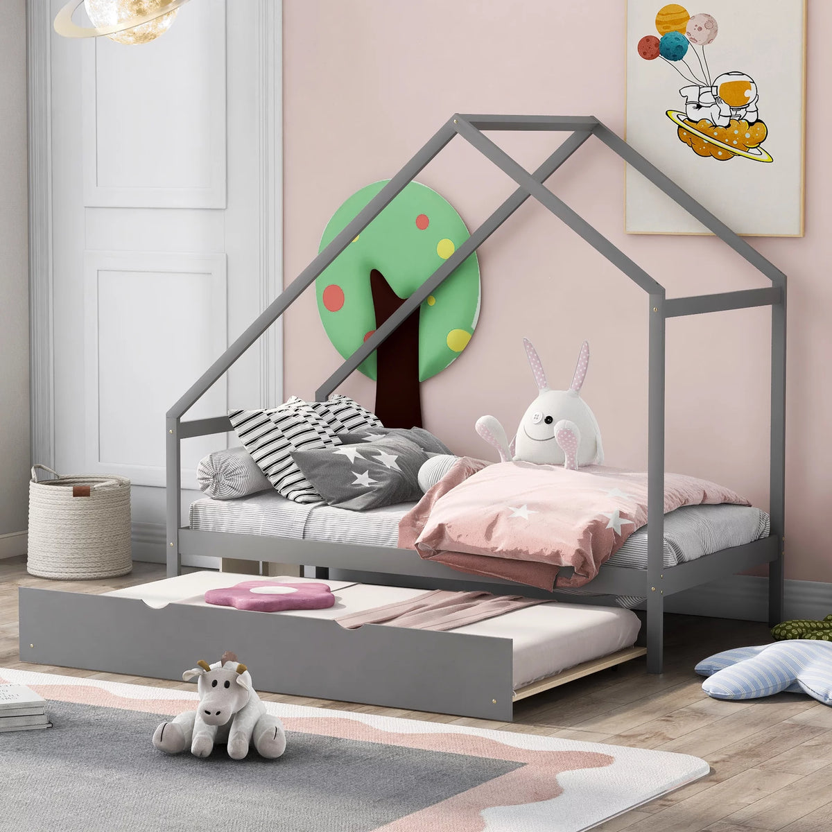 Twin Size Gray Wooden House Bed with Trundle B100699