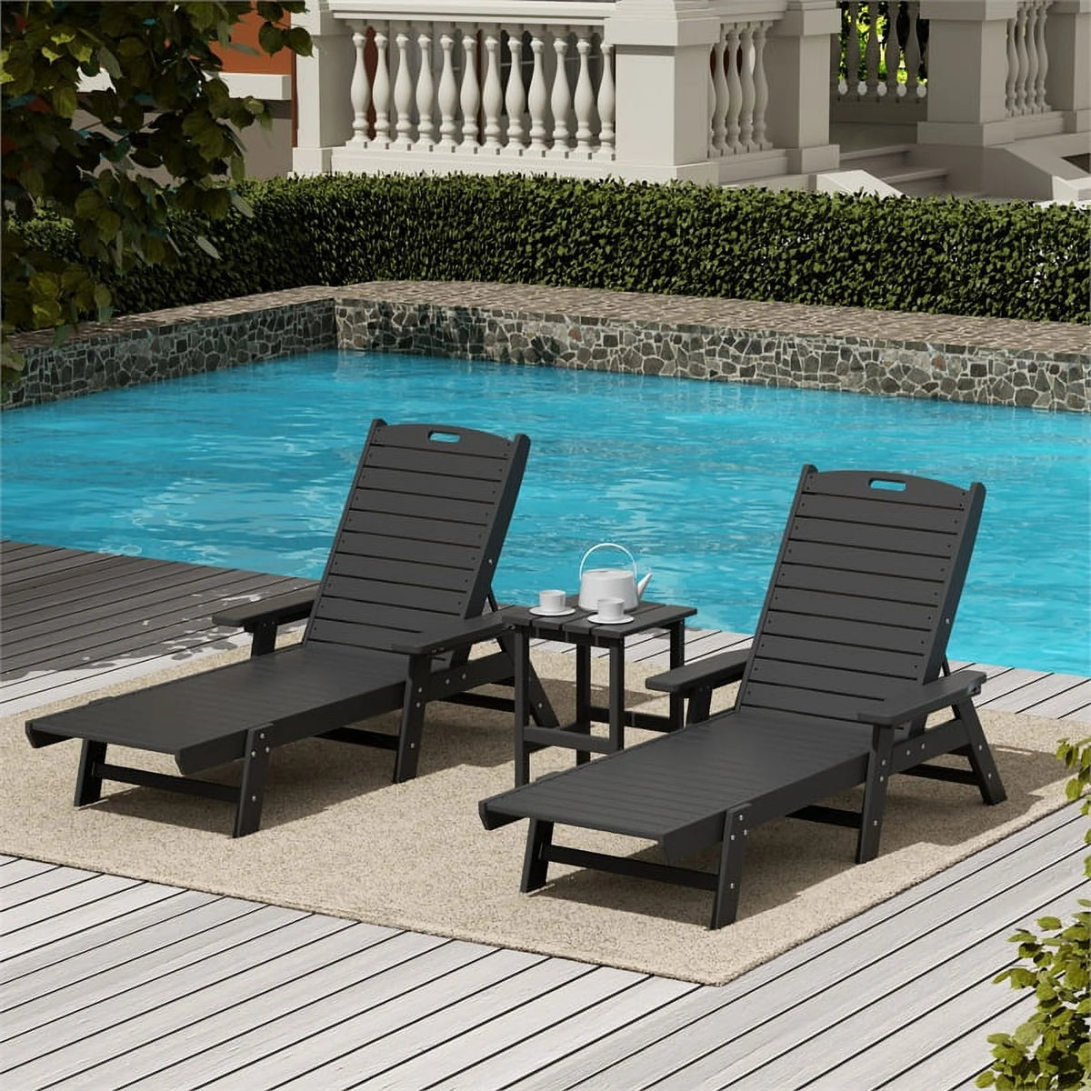 Gray 3PC HDPE Plastic Reclining Chaise Lounge Table Set K76786