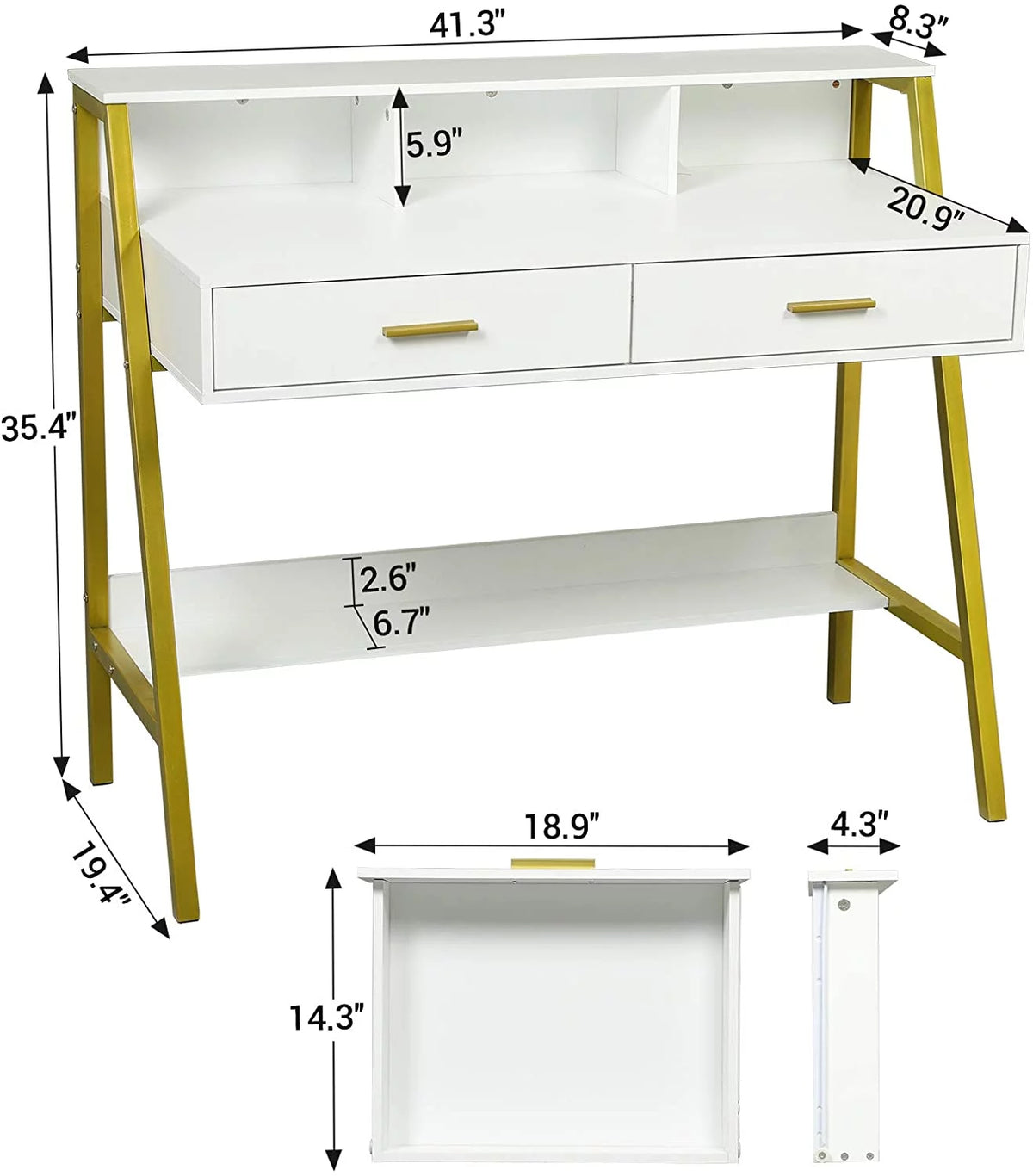 White and Gold Computer Desk with Drawers M463