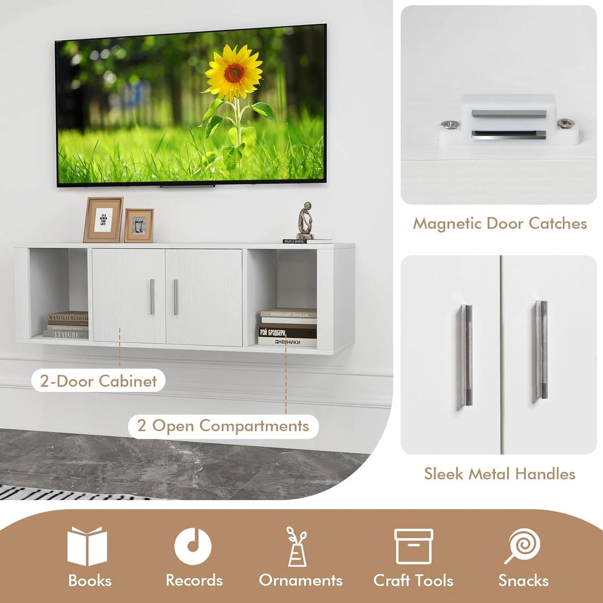 Wall Mounted Storage Cabinet 2 Cube Floating Desk with 2 Doors and 2 Open Shelves White F709629