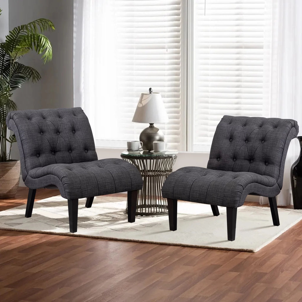 Accent Chairs Set of 2 Upholstered Tufted Curved Backrest Fabric with Wood Legs Gray X8377