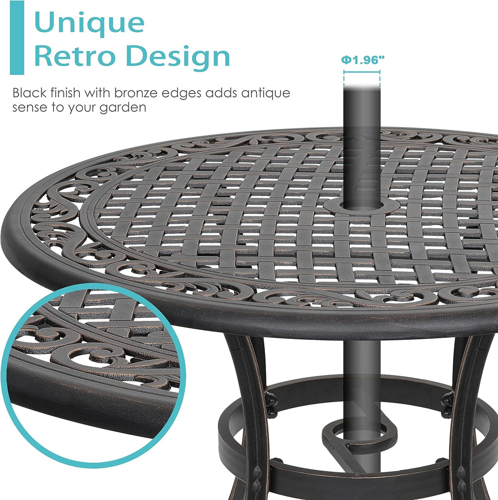 36 Inch Round Cast Aluminum Patio Table with Umbrella Hole T32462