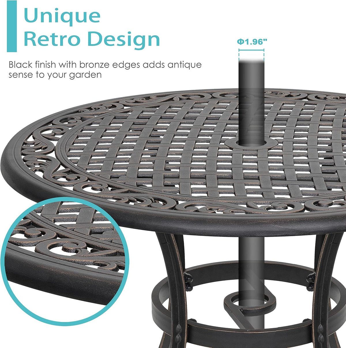 36 Inch Round Cast Aluminum Patio Table with Umbrella Hole T32462