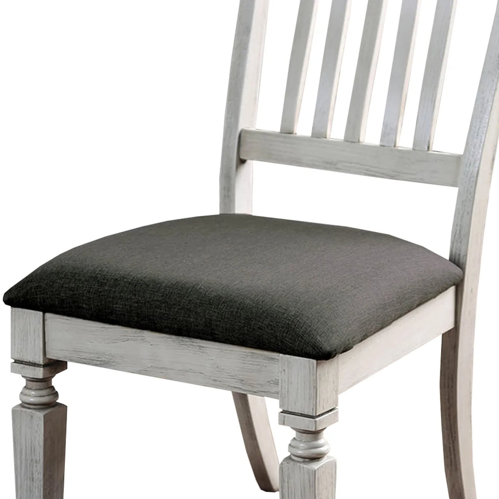 Wooden Side Chair with Fabric Upholstered Padded Seat Pack of Two Antique White and Gray C808