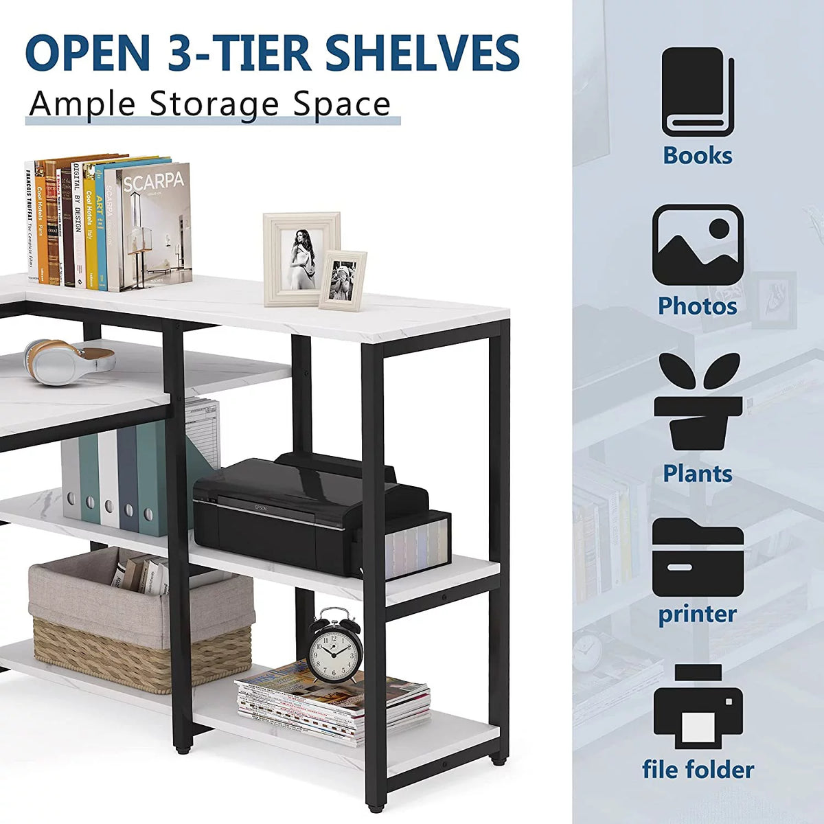 Reversible L Shaped Desk with Hutch and Open Shelves V584177
