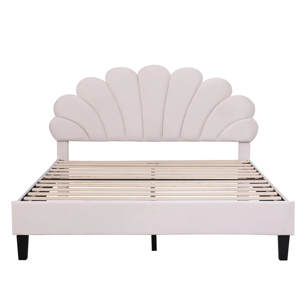 Queen Size Beige Velvet Upholstered Platform Bed with Flower Pattern Headboard A43402