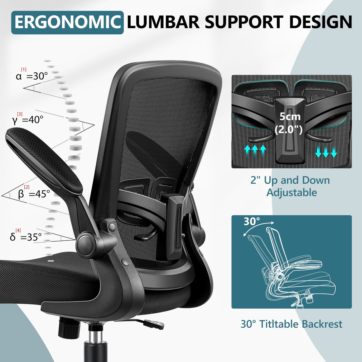 Black Ergonomic Office Chair with Lumbar Support and Flip up Arms Y1567