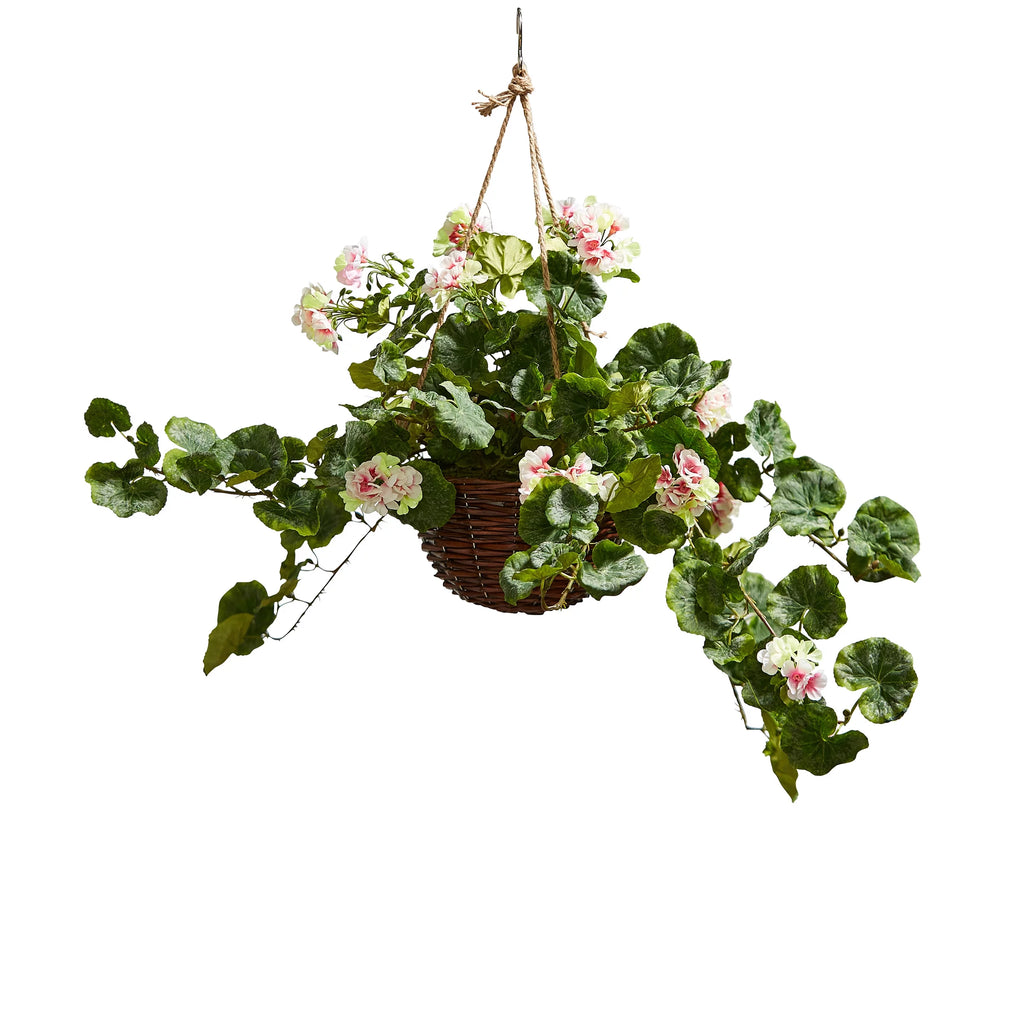 Light Pink Geranium Hanging Faux Flowers with Basket T155