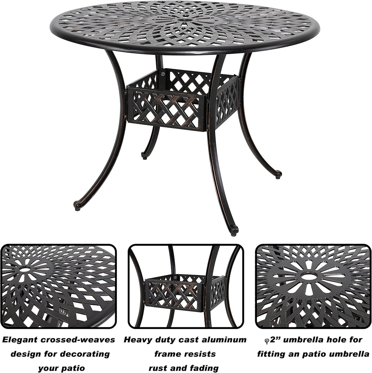 36 Inch Round Cast Aluminum Patio Table with Umbrella Hole T32462