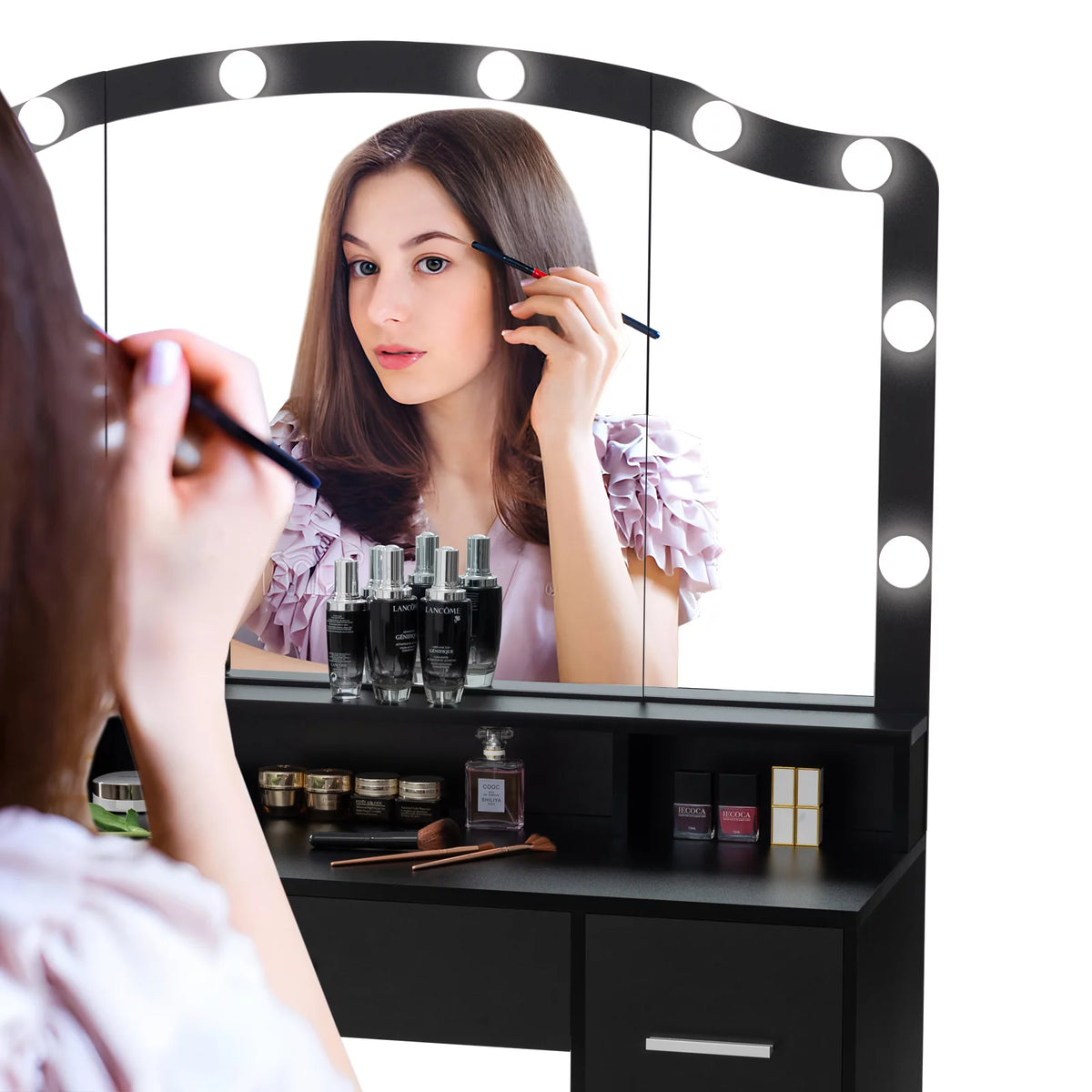 Black Vanity Desk with Lighted Mirror and 7 Drawers M63368