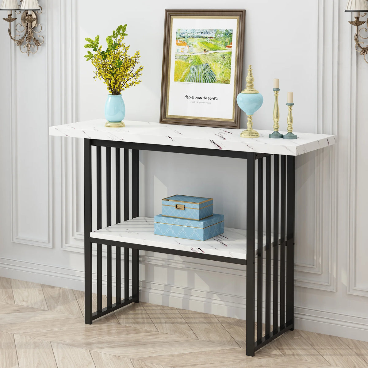 Black & White 42-Inch Console Table with Metal Legs I8388