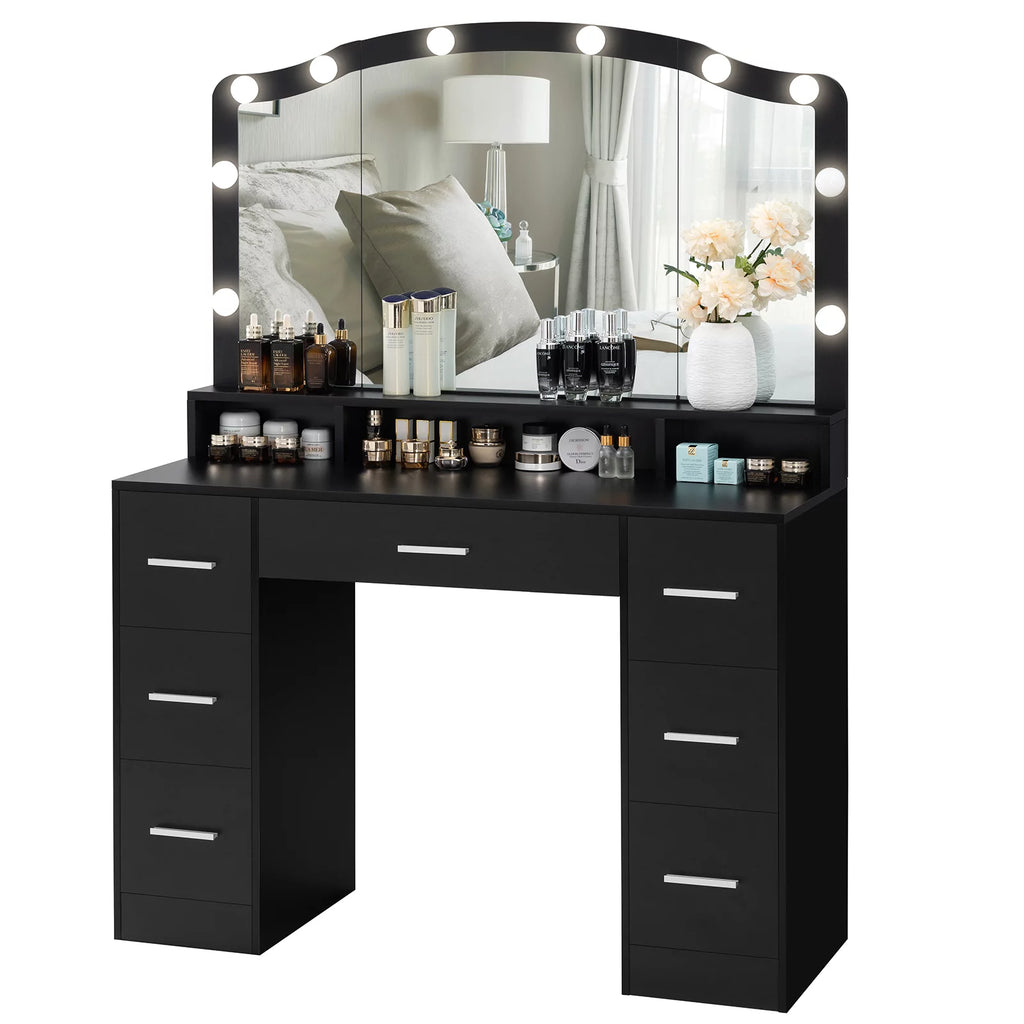 Black Vanity Desk with Lighted Mirror and 7 Drawers M63368