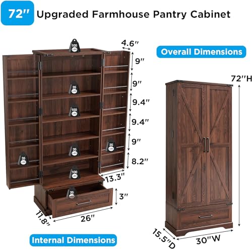 72" White Farmhouse Kitchen Pantry Cabinet with Drawer B39261