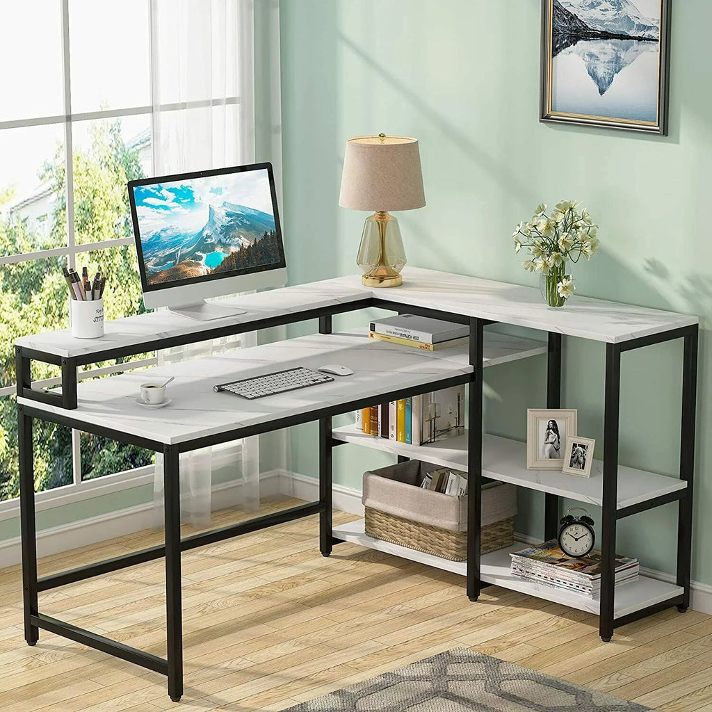 Reversible L Shaped Desk with Hutch and Open Shelves V584177