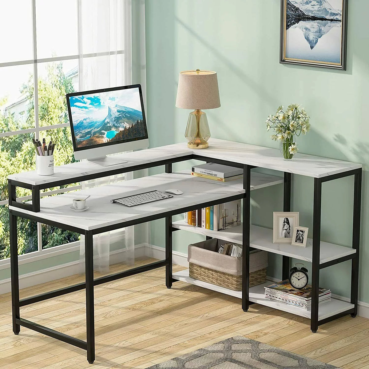 Reversible L Shaped Desk with Hutch and Open Shelves V584177