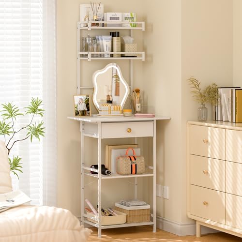 White Compact Vanity Desk with Fabric Drawers J790446