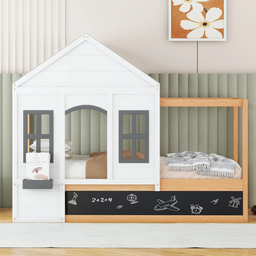Twin Size House Shaped Canopy Bed with Black Roof & White Window Q99310