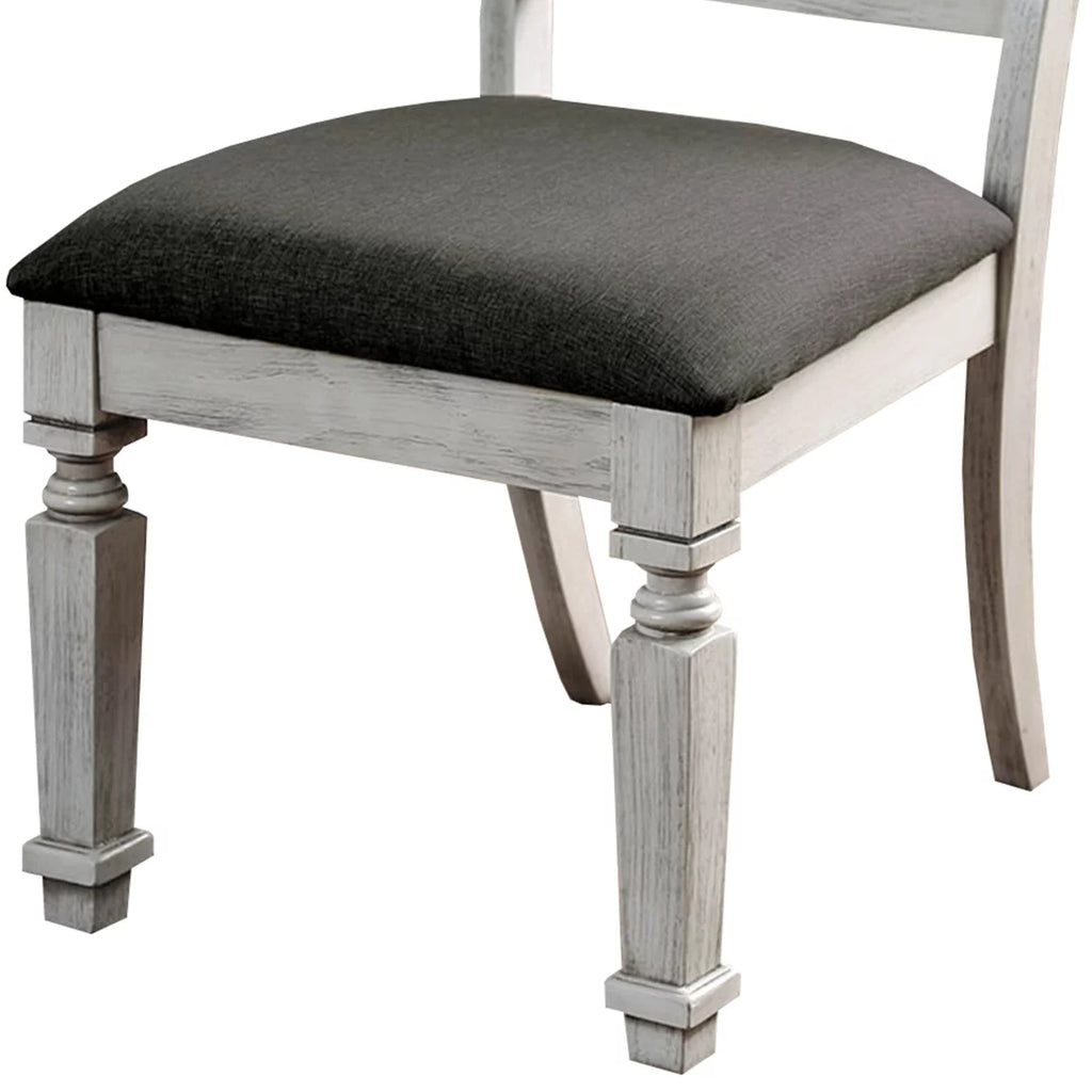 Wooden Side Chair with Fabric Upholstered Padded Seat Pack of Two Antique White and Gray C808