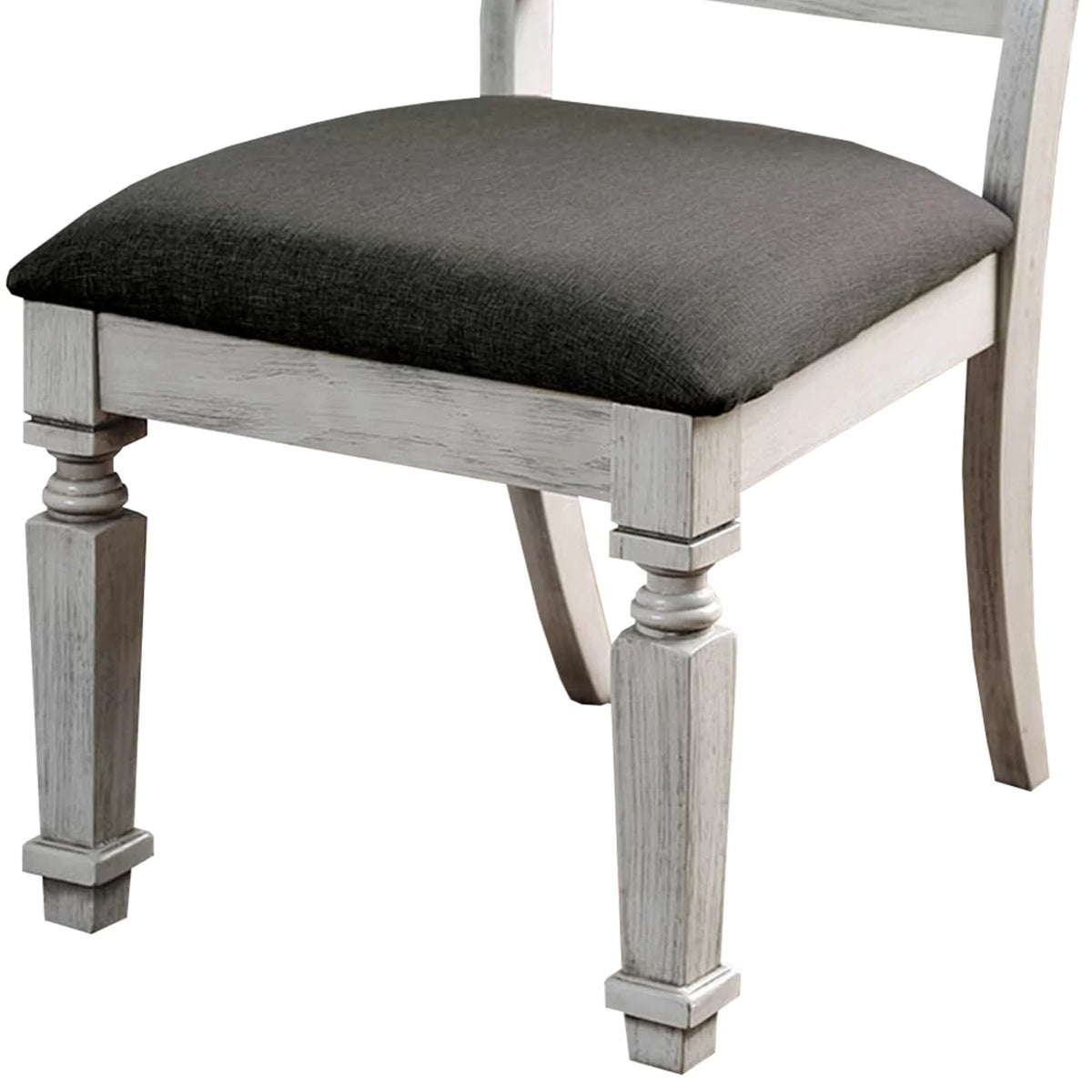 Wooden Side Chair with Fabric Upholstered Padded Seat Pack of Two Antique White and Gray C808