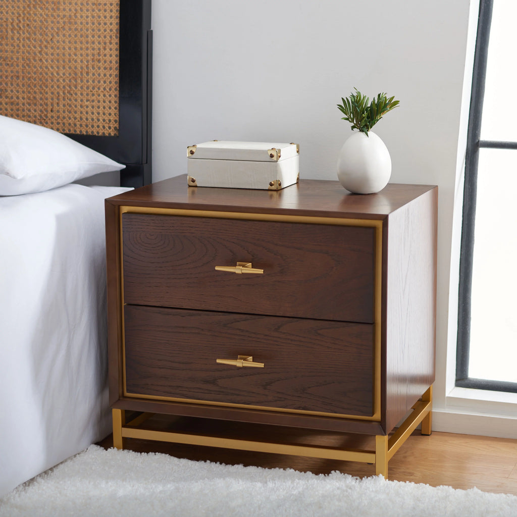 2 Drawer Walnut Brass Nightstand S971
