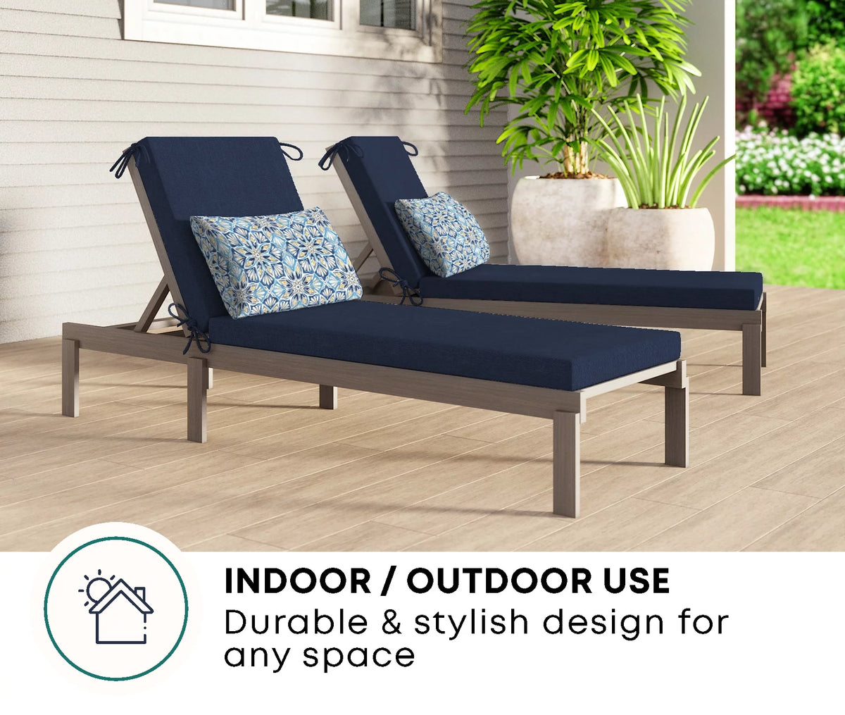 Solid Blue Polyester Outdoor Chaise Lounge Cushion L1634