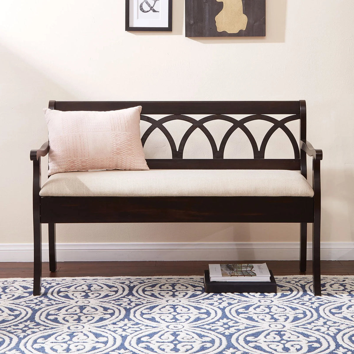 Antique Black Storage Bench with Beige Seat Cushion E3599