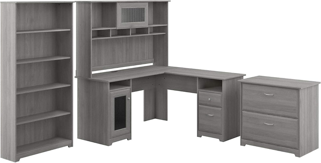 L Shaped Desk with Hutch, File Cabinet and 5 Shelf Bookcase P460468
