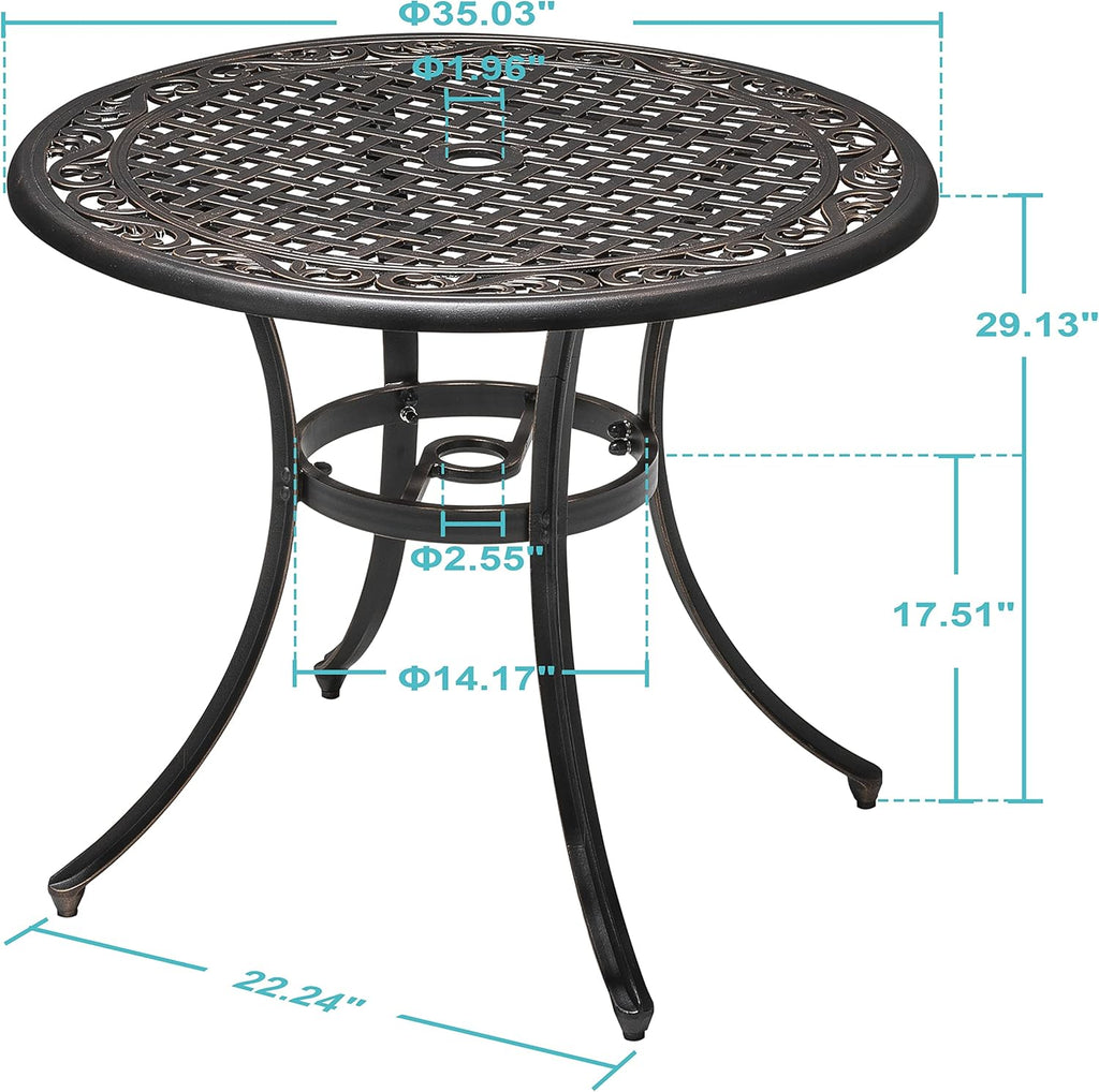 36 Inch Round Cast Aluminum Patio Table with Umbrella Hole T32462