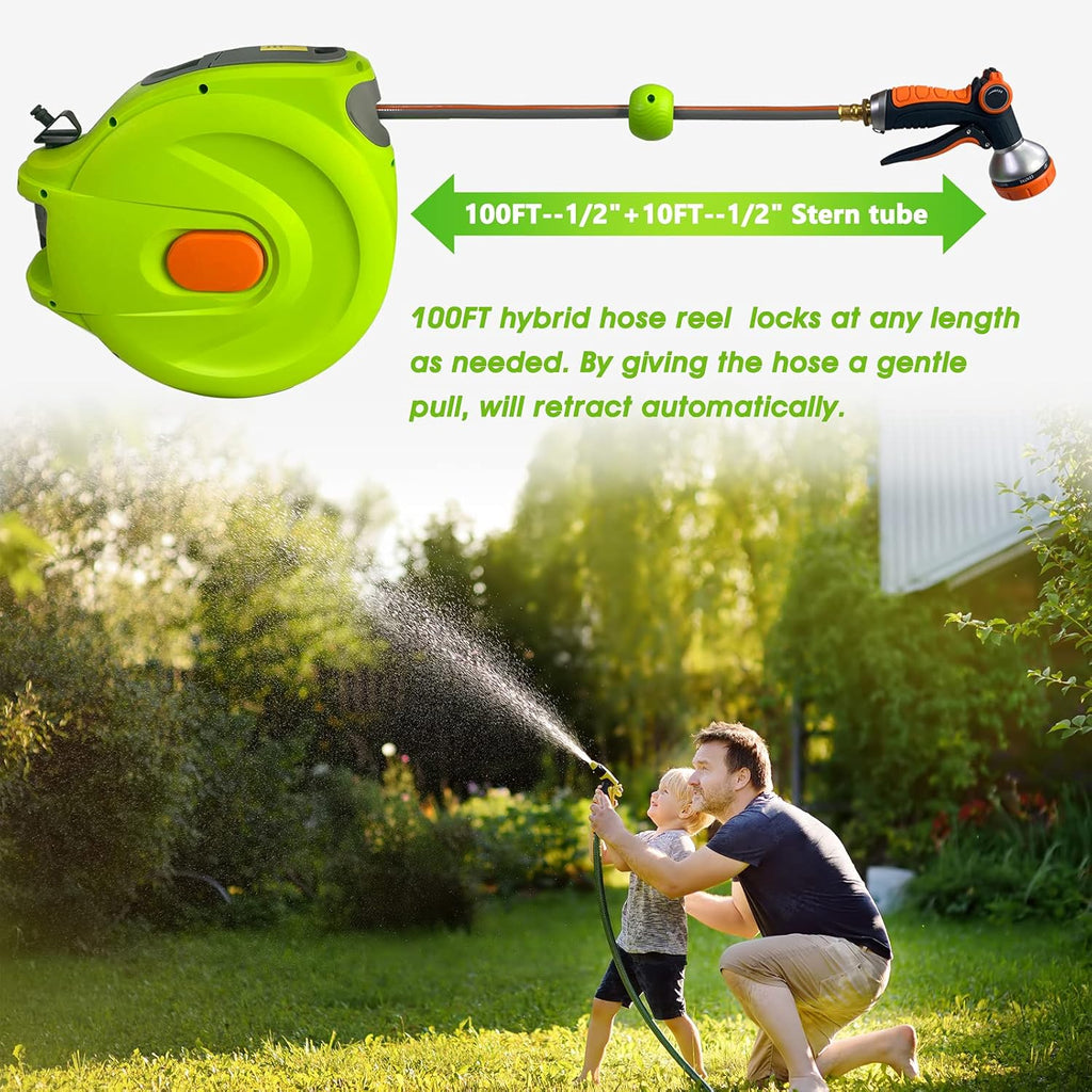 Retractable Garden Hose Reel, 1/2'' x 100+10 FT Wall Mounted with 8 Patterns Nozzles K897431
