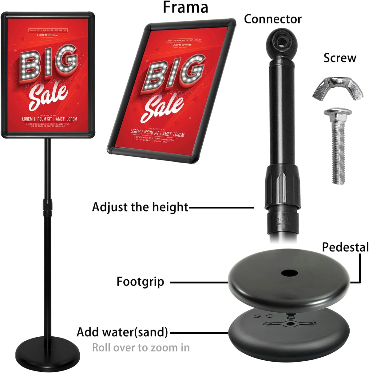 Adjustable Aluminum Snap Open Floor Sign Stand 8.5x11 Inches Black 6 Pack U35949